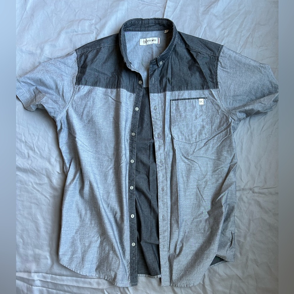 Gray Color Block Short Sleeve Button Up, size L